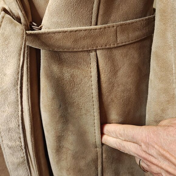 Leder Fischer Shearling Coat Womens Small Tan Suede Hooded Fur Trim Belted Long - Picture 9 of 16